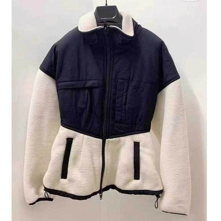 Ladies hybrid fleece jacket with padded top, stand-up collar and tailored peplum