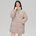 Women’s mid-length quilted short coat with high stand-up collar, subtle glitter quilting, and light thermal insulation