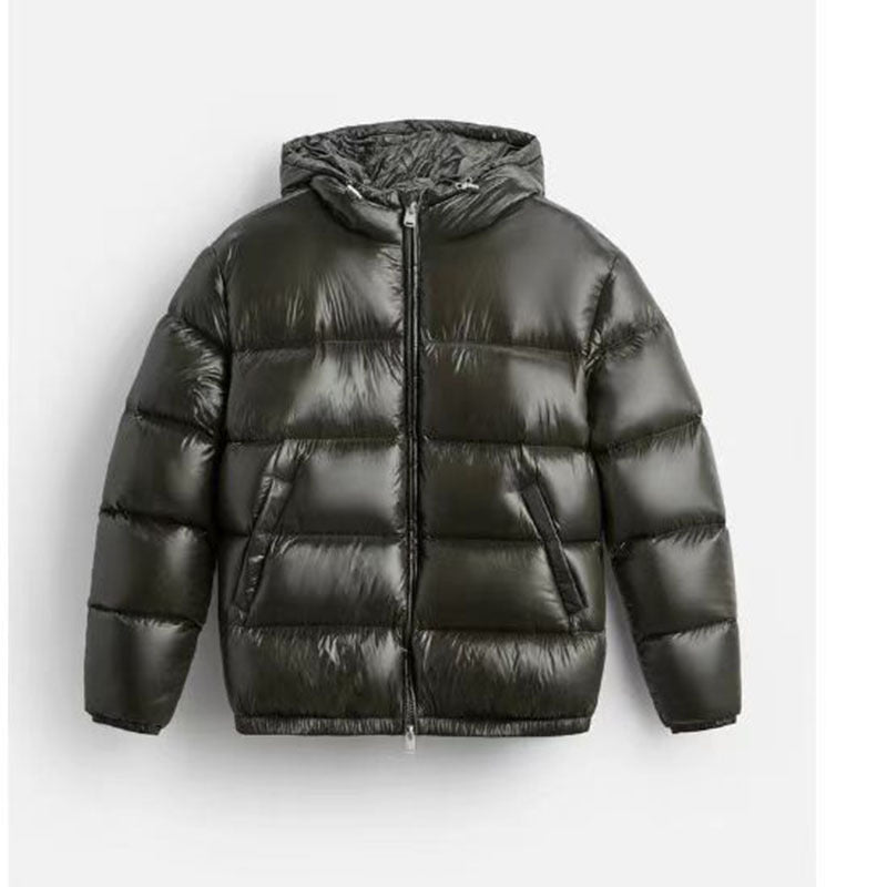 Women Oversized Quilted Jacket with Hood and Glossy Finish