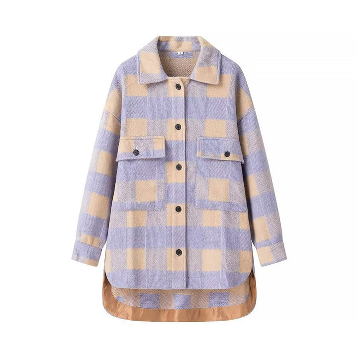 Women Oversize Checked Shirt Jacket with Applied Flap Pockets and Extended Hem