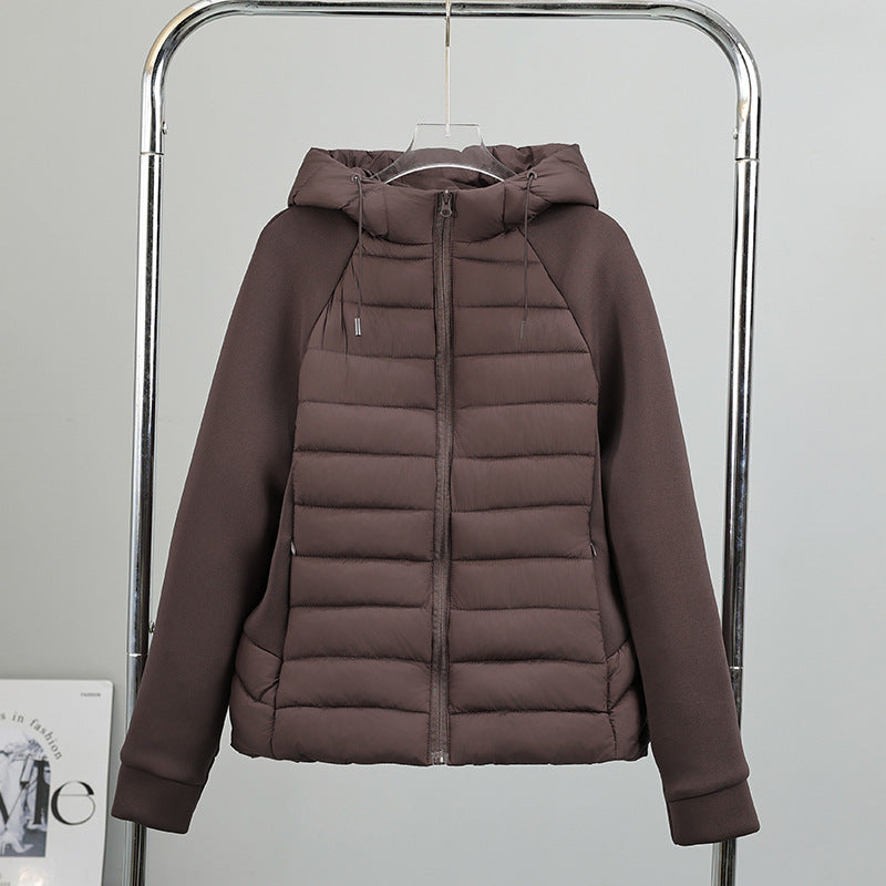 Ladies nano quilted hybrid jacket with hood, softshell sleeves and light thermal insulation