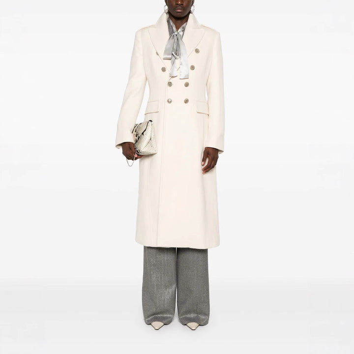 Women Long Double-Breasted Coat made of Wool Blend with High Stand-up Collar and Flap Pockets