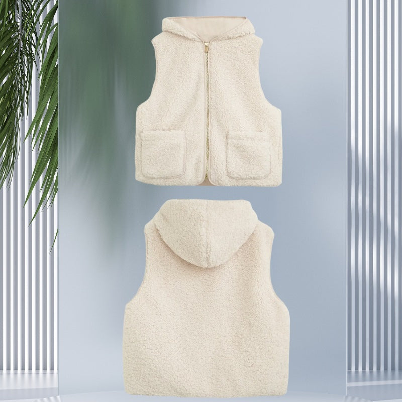 Women Padded Sherpa Vest with Hood, Zip and Patch Pockets