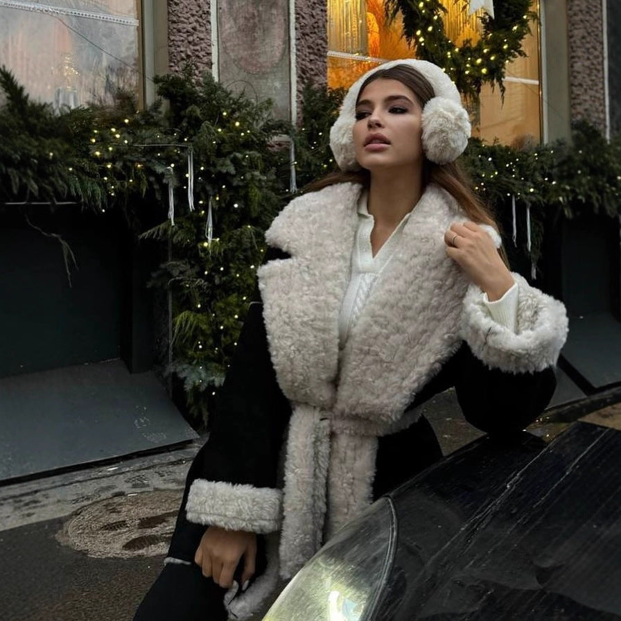 Women Short Oversized Winter Coat with Teddy Lining and Waist Belt