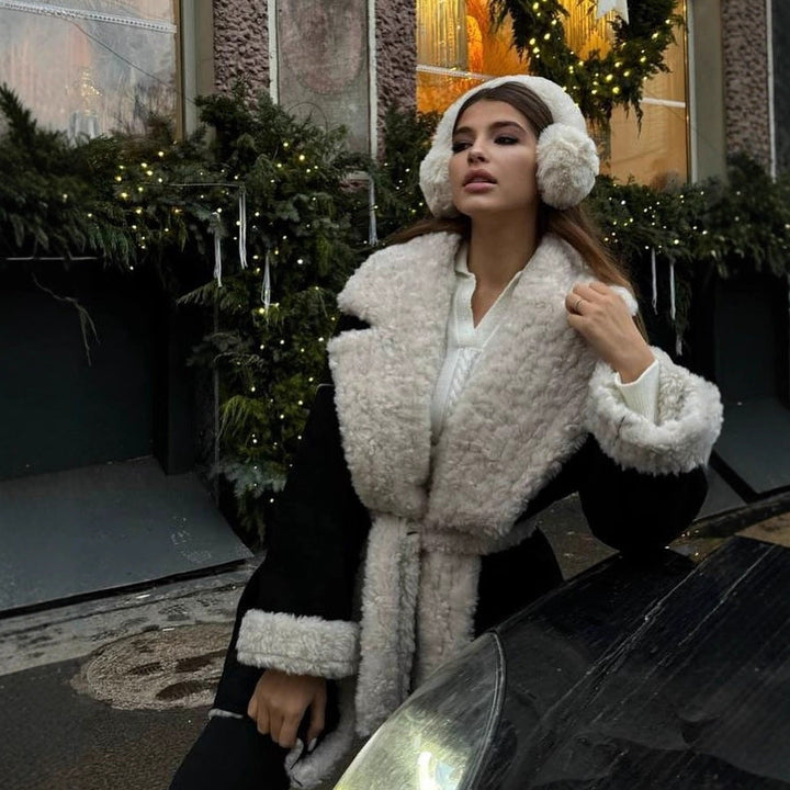 Women Short Oversized Winter Coat with Teddy Lining and Waist Belt