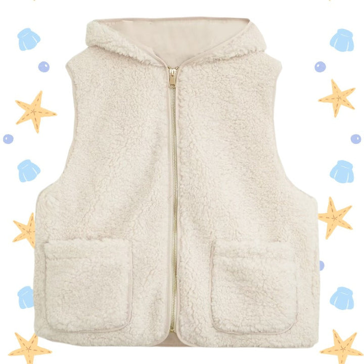 Women Padded Sherpa Vest with Hood, Zip and Patch Pockets