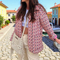 Women's Patterned Kimono Quilted Jacket with Open Front and Patch Pockets