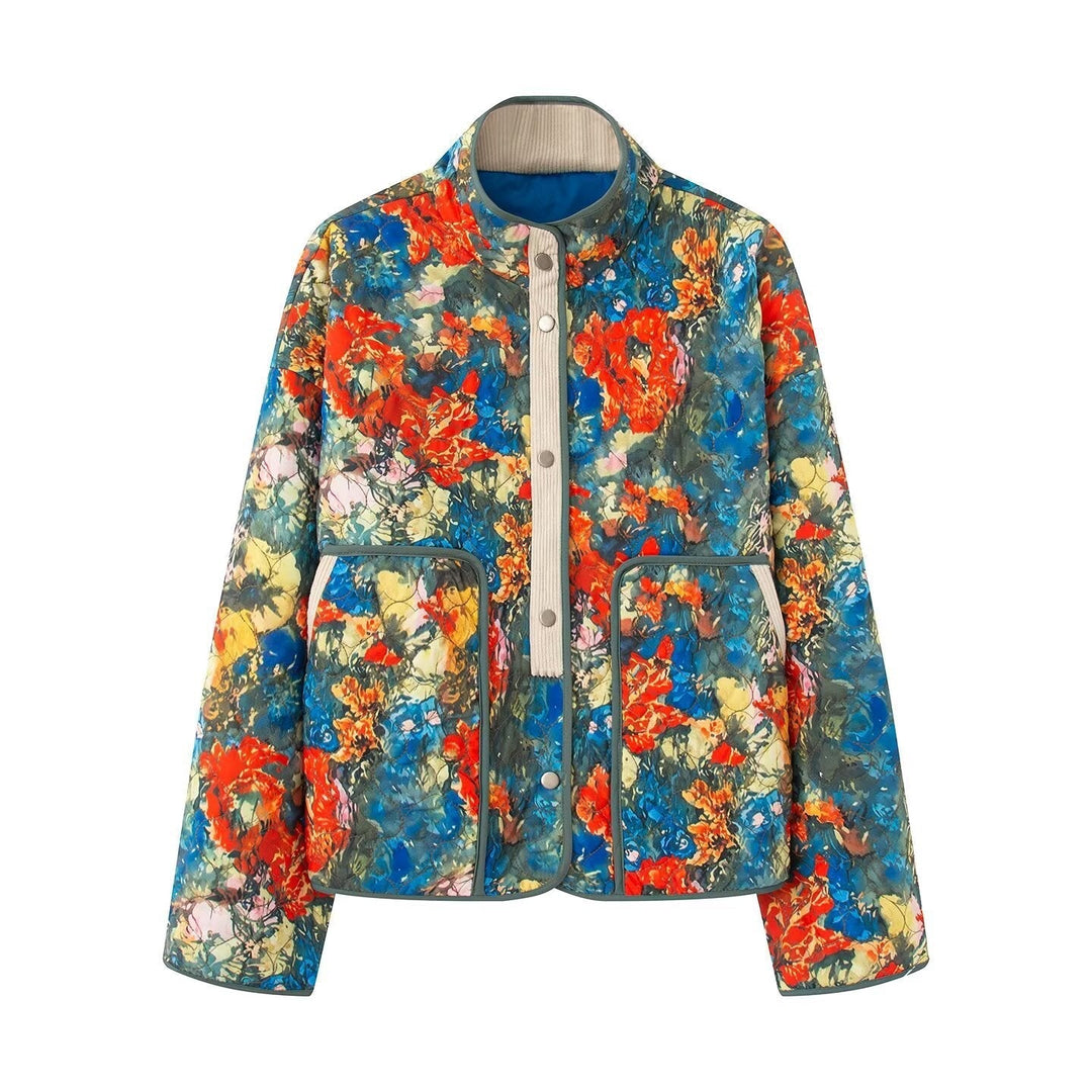 Women Quilted Transitional Jacket with Floral Allover Pattern and Stand Collar