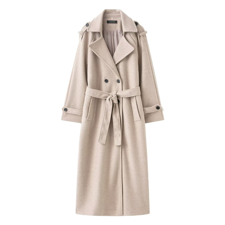 Women Long Double-breasted Trench Coat with Belt and Shoulder Straps