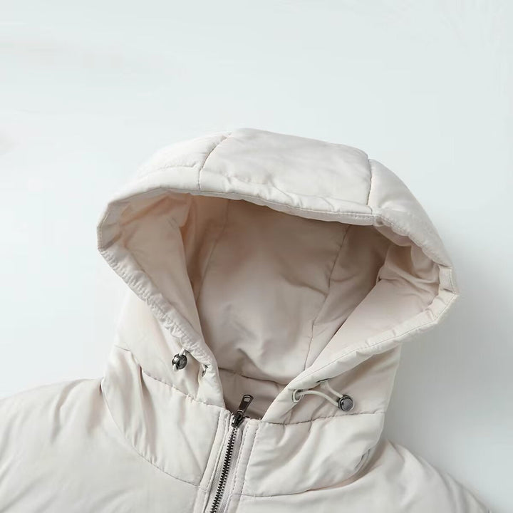 Women short-cut hybrid quilted jacket with hood, waist drawstring and elastic sleeves