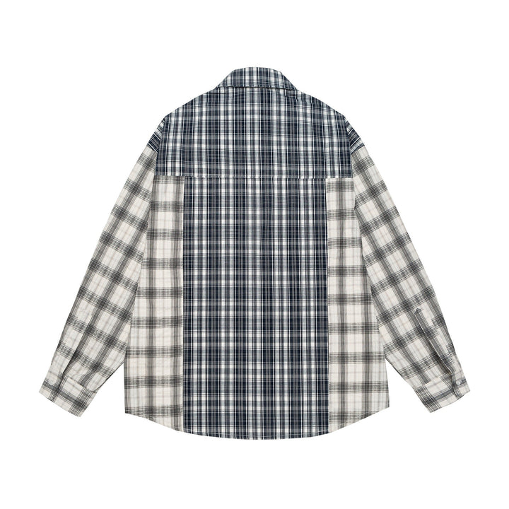 Unisex Oversized Shirt Jacket with Patchwork Check Pattern and Rounded Hem