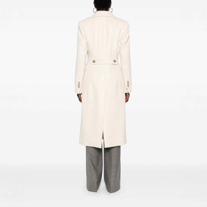 Women Long Double-Breasted Coat made of Wool Blend with High Stand-up Collar and Flap Pockets