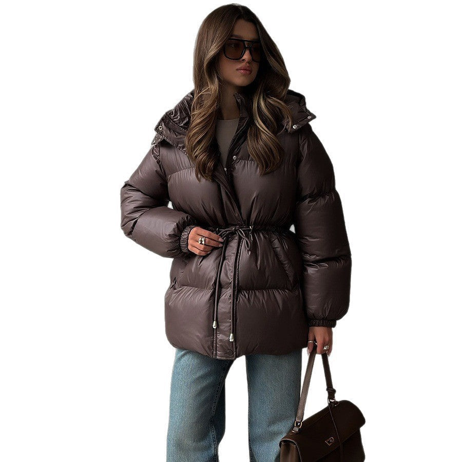 Women’s quilted down jacket with fitted drawstring and hood