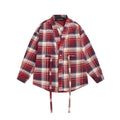 Women's Oversize Check Shirt Jacket with Kimono Cut, Drawstring Ties and Patch Pockets