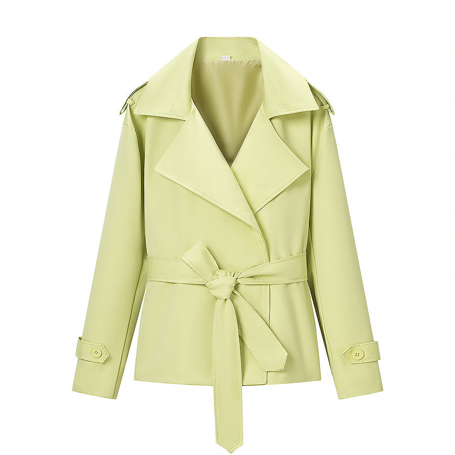 Women Tailored Short Trench Coat with Tie Belt and Epaulettes