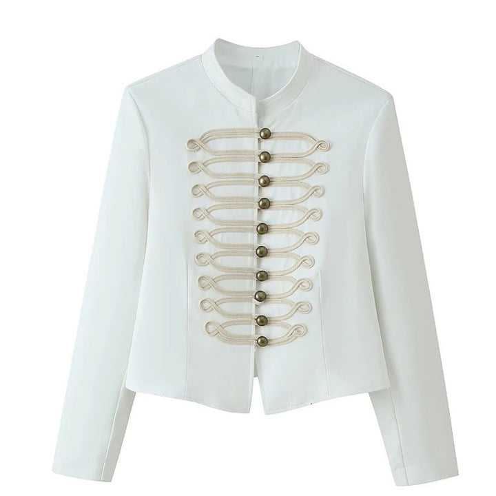 Women Military Inspired Short Stand Collar Jacket with Decorative Cords and Brass Buttons