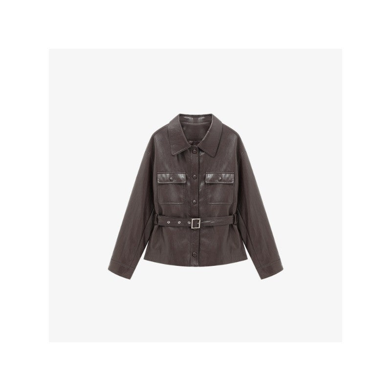 Women’s leather jacket in oversized utility style with waist belt