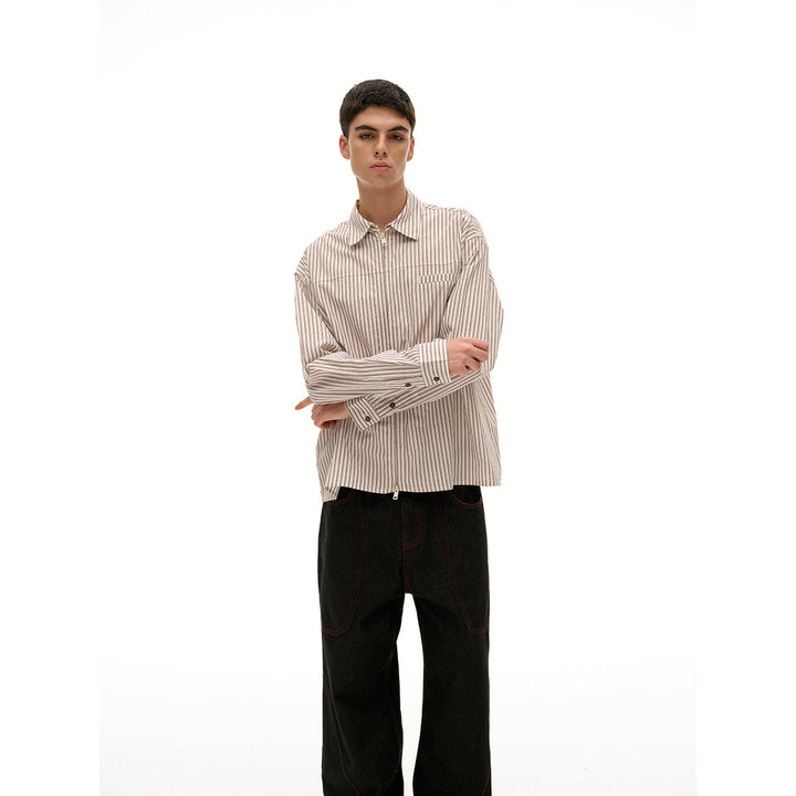 Unisex Lightweight Striped Shirt Jacket with Continuous Zip and Chest Piped Pocket