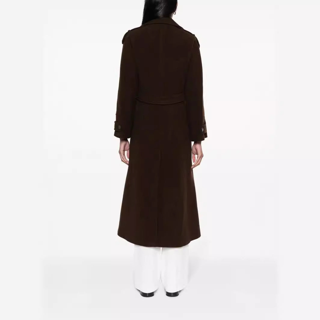 Women Floor-Length Double-Breasted Trench Coat made of Wool Blend with Shoulder Patches and Concealed Waist Belt