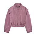 Women Cropped Padded Satin Jacket with High Stand Collar and Waist Smocking