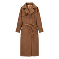 Women Long Double-breasted Coat in Trench Coat Style with Waist Belt and Sleeve Tabs