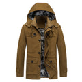 Men's canvas hooded parka with camouflage lining, utility pockets, and hidden zip placket
