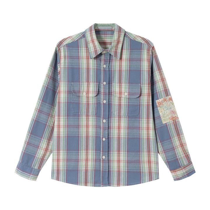 Unisex check shirt jacket in oversized cut with flap pockets and sleeve patch