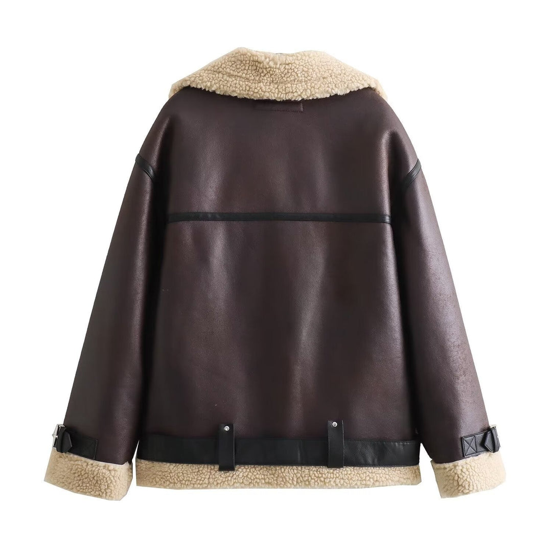 Ladies aviator jacket in biker style with teddy lining, faux leather trim and waist belt