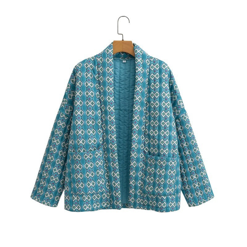 Women Patterned Quilted Kimono Jacket with Patch Pockets