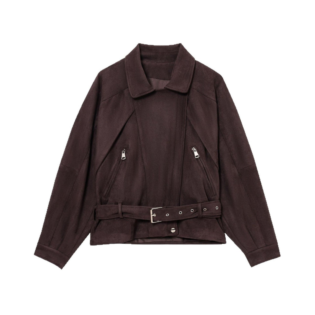 Women Short Suede Look Trench Coat with Waist Belt and Zip Details