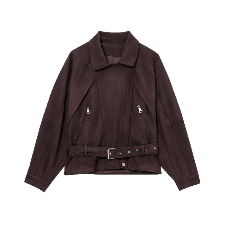 Women Short Suede Look Trench Coat with Waist Belt and Zip Details