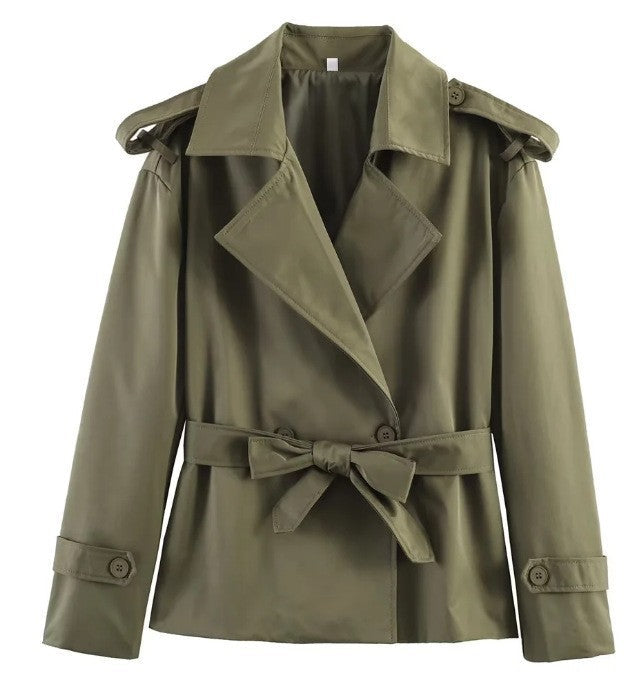 Women Tailored Short Trench Coat with Tie Belt and Epaulettes