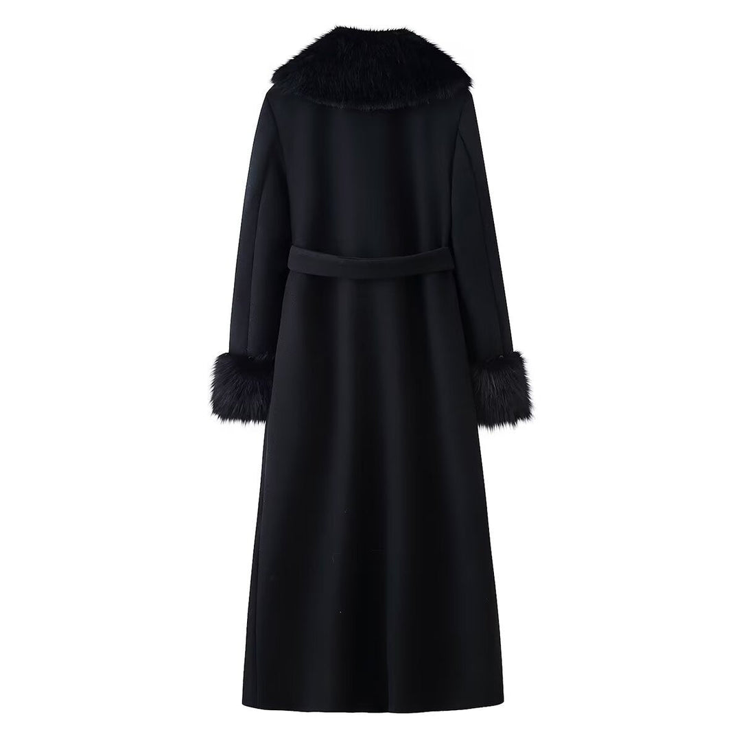 Women Elegant Wool Coat with Large Faux Fur Collar and Tie Belt
