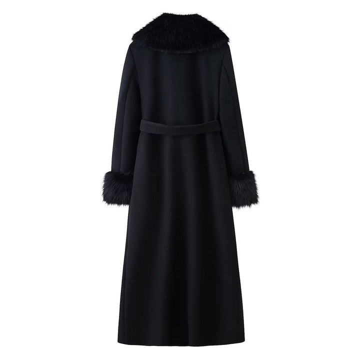 Women Elegant Wool Coat with Large Faux Fur Collar and Tie Belt