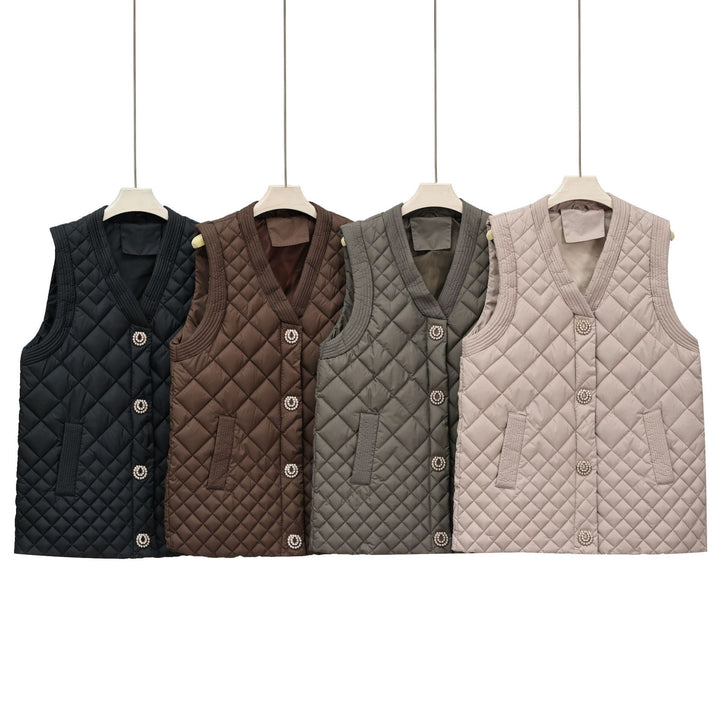 Ladies nano quilted vest with decorative buttons and V-neck