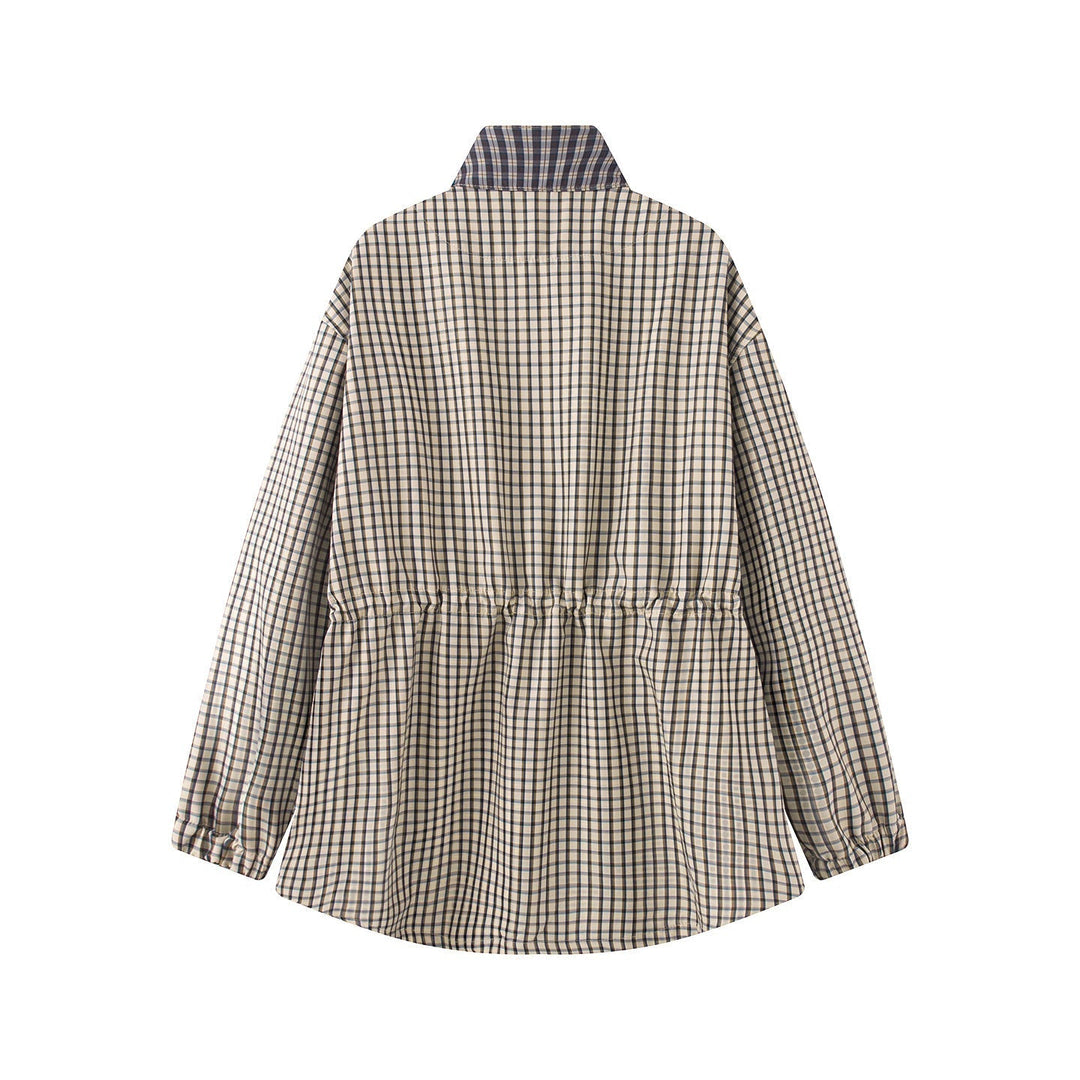 Women Checked Oversize Parka Jacket with Drawstring and Stand-up Collar