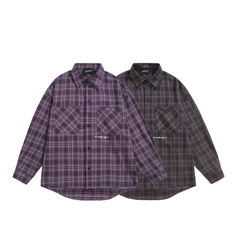 Unisex Check Shirt Jacket in Boxy Cut with Large Chest Flap Pockets and Extended Hem