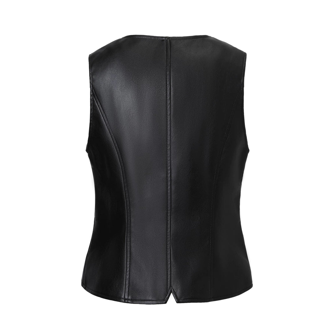 Women Tailored Leather Vest with V-Neck and Button Placket