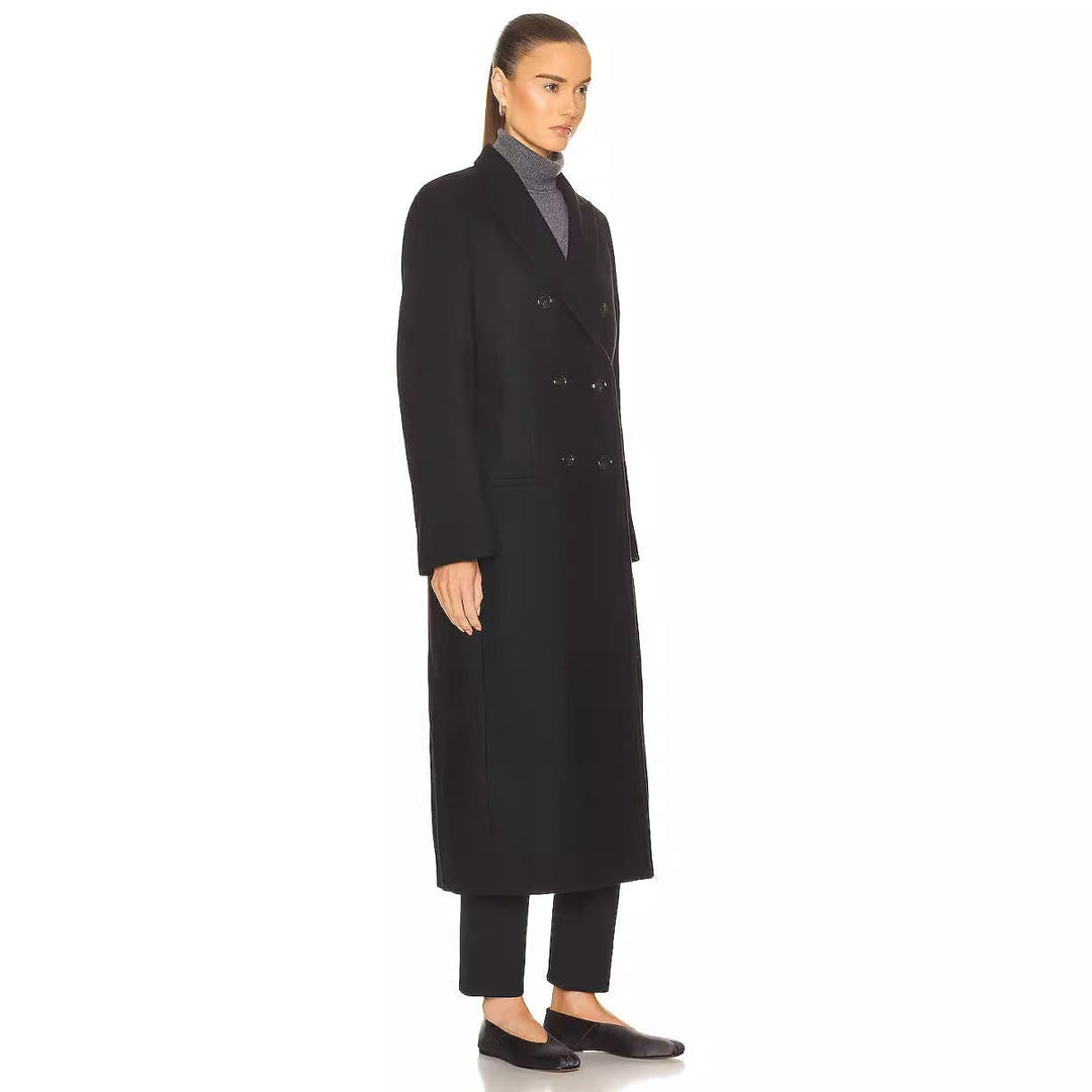 Women Maxi Length Double Breasted Wool Blend Long Coat with Tailored Finish