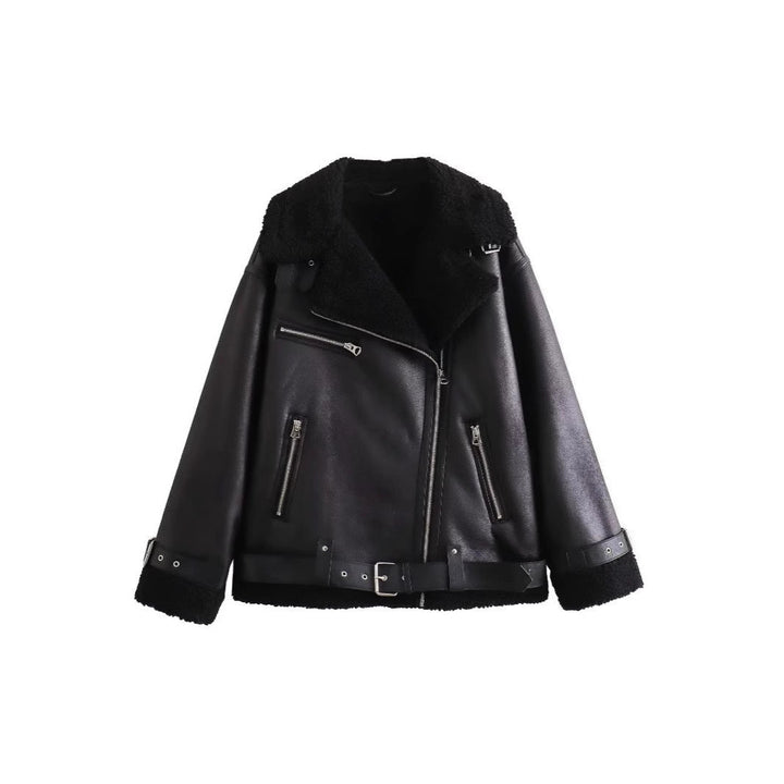 Ladies aviator jacket in biker style with teddy lining, faux leather trim and waist belt