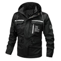 Men's waterproof hooded rain jacket with multiple pockets and windproof membrane