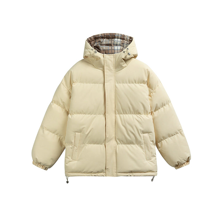 Women Padded Oversize Quilted Jacket with Hood, High Collar and Checked Lining