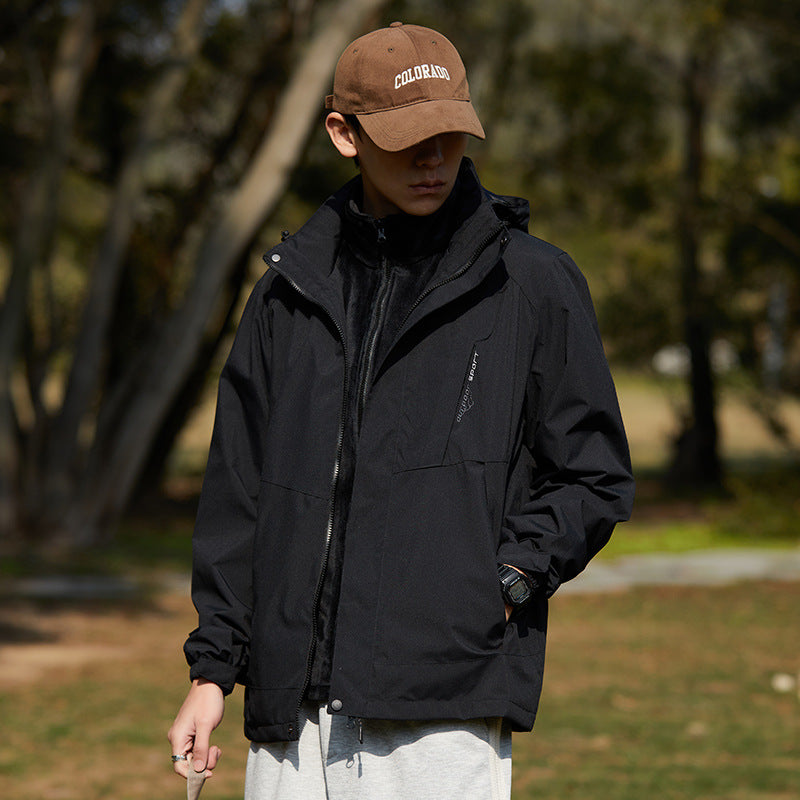 Women two-layer water-repellent outdoor jacket with hood, waist adjustment and contrast piping