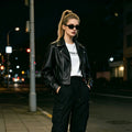 Women Tailored Leather Biker Jacket with Asymmetrical Zip