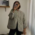 Women's Oversize Quilted Jacket without Collar with Snap Button Closure and Rounded Hem