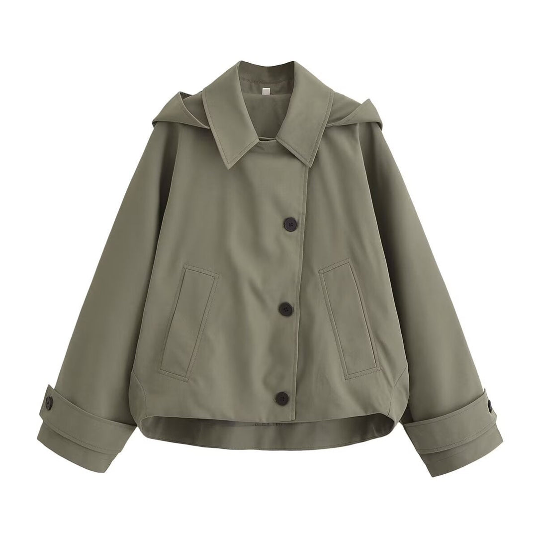 Ladies short trench coat in boxy cut with notch collar and piped patch pockets