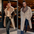 Women's Long Faux Fur Shearling Coat with Oversized Shawl Collar and Patch Pockets