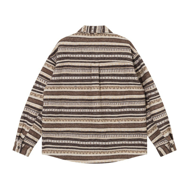 Unisex Oversize Knit Shirt Jacket in Ethnic Stripe Pattern with Flap Pockets