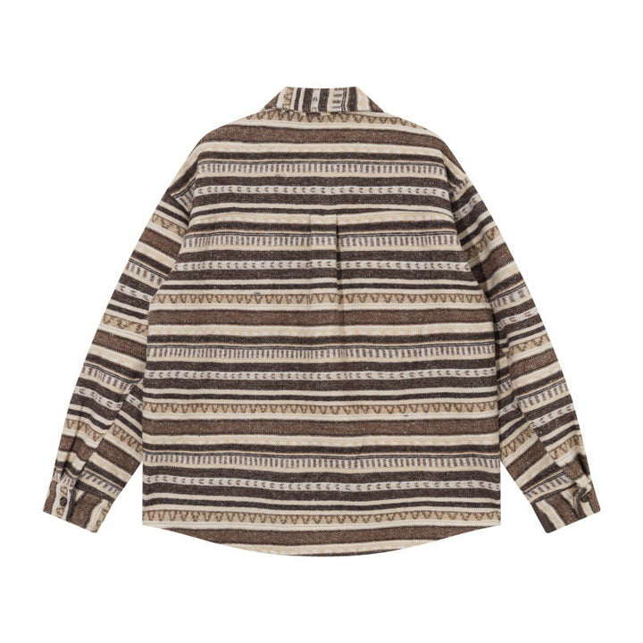 Unisex Oversize Knit Shirt Jacket in Ethnic Stripe Pattern with Flap Pockets