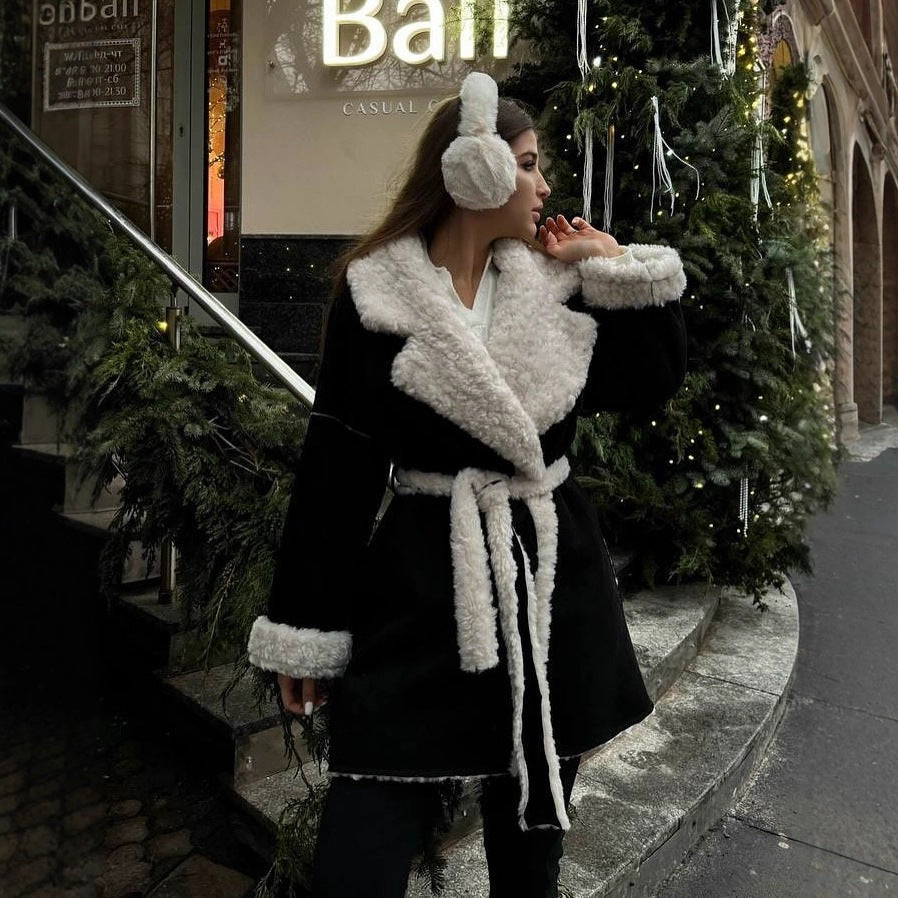 Women Short Oversized Winter Coat with Teddy Lining and Waist Belt